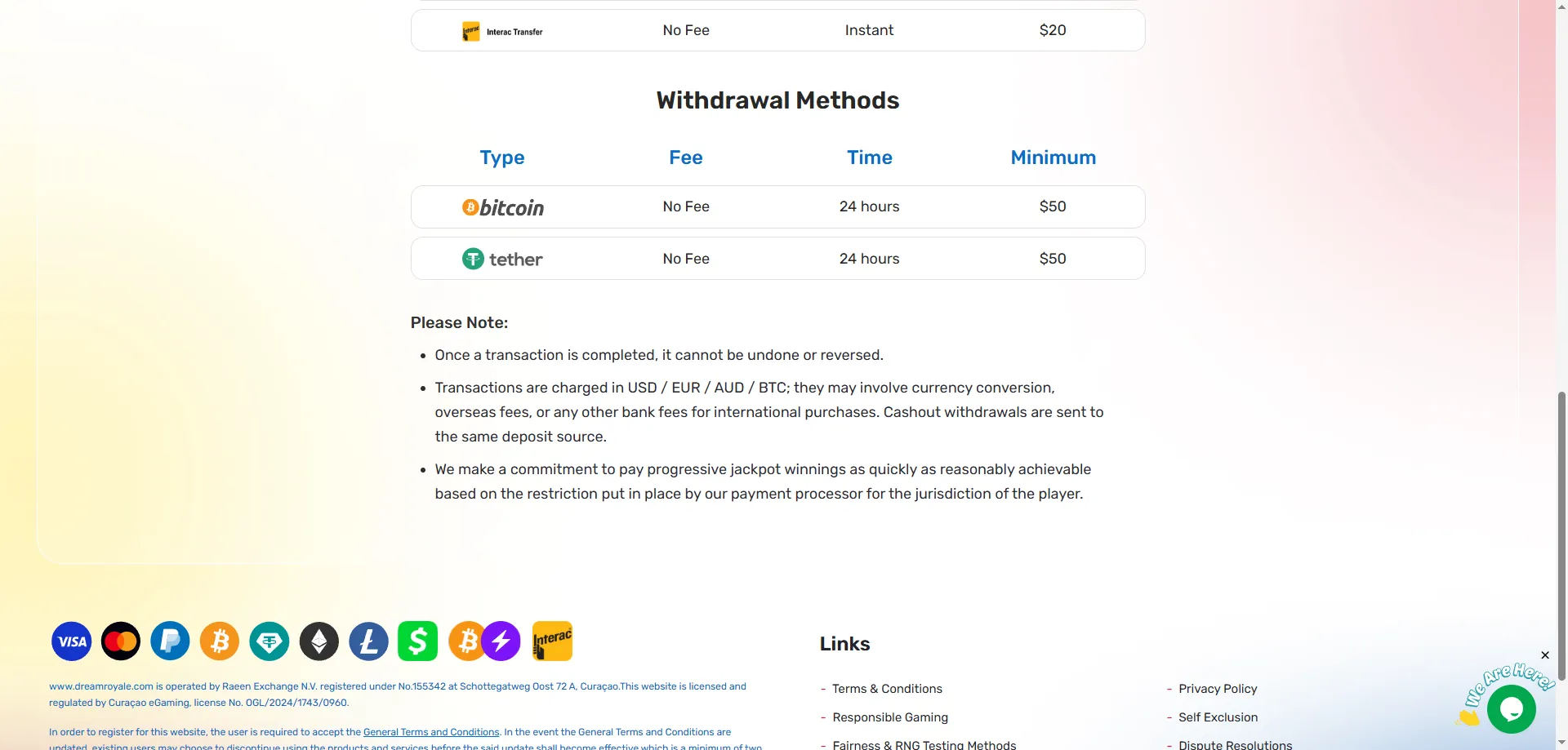 Dream Royale Casino deposit and withdrawal payment methods NZ 2024